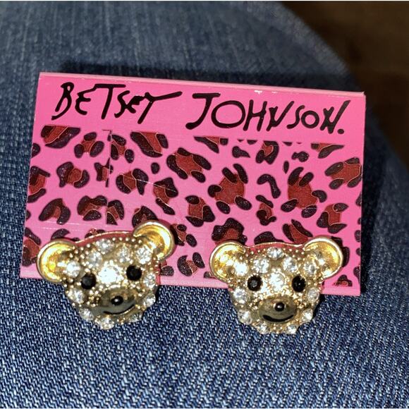 Betsy Johnson Gold Tone Rhinestone Teddy Bear with black eyes Earrings - Picture 1 of 4